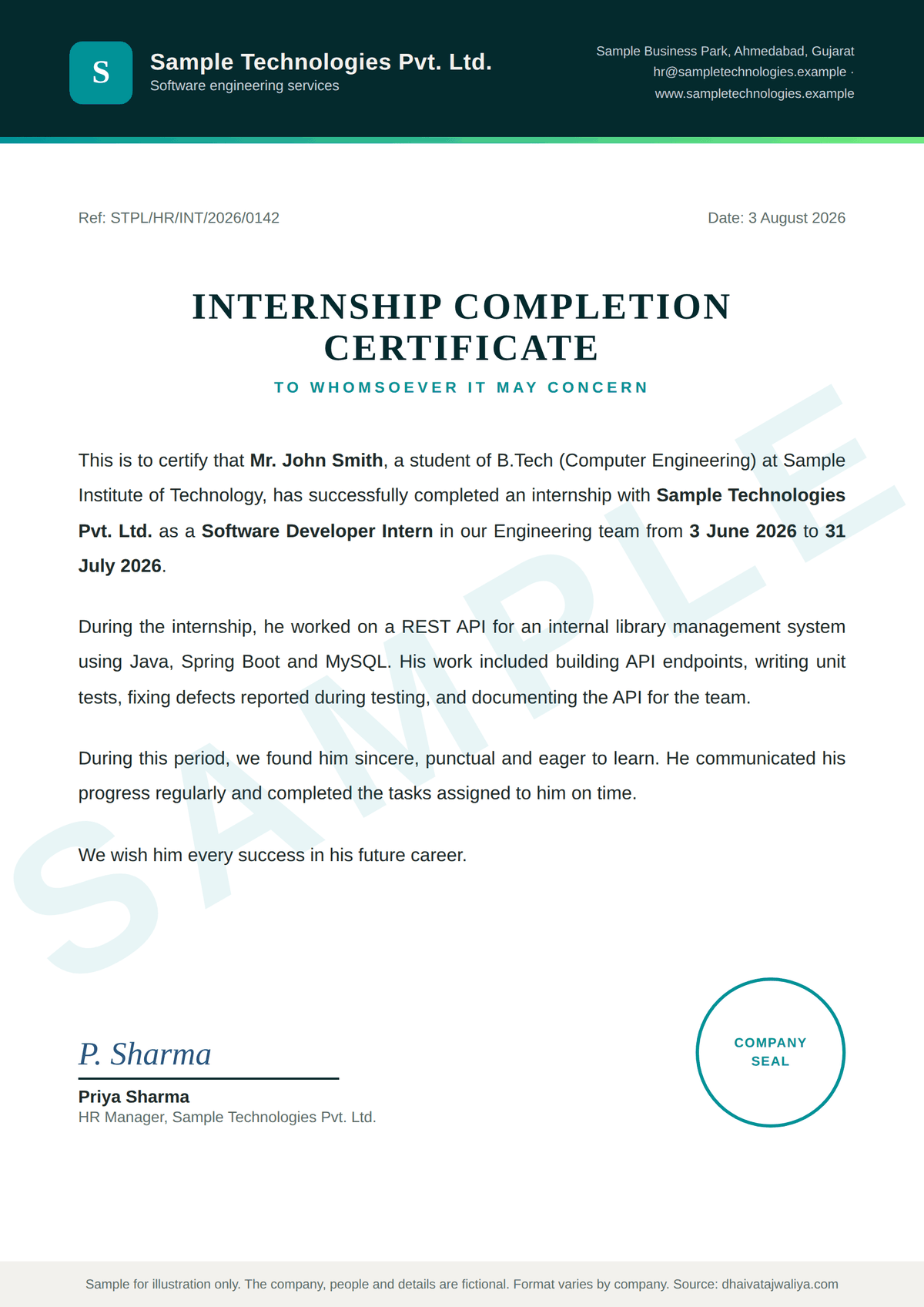 Sample internship completion certificate from a fictional company, showing the intern's name, role, internship dates, work description and HR signature